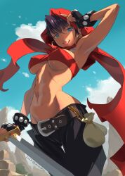 Rule 34 | 1girl, abs, arm up, armpits, bandeau, belt, black gloves, black hair, black pants, blue eyes, blue sky, breasts, brown belt, cacn, cleavage, cloud, cloudy sky, coin purse, commentary, covered erect nipples, cowboy shot, dark-skinned female, dark skin, dated, day, dungeons &amp; dragons: shadow over mystara, dungeons &amp; dragons, earrings, fangs, fingerless gloves, gloves, groin, hair between eyes, highres, holding, holding sword, holding weapon, hood, hood up, hoop earrings, jewelry, looking at viewer, medium breasts, moriah, navel, necklace, open mouth, outdoors, pants, red bandeau, red hood, short hair, signature, sky, smile, solo, standing, stomach, studded gloves, sword, thigh gap, tongue, tongue out, underboob, v-shaped eyebrows, weapon