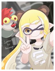 Rule 34 | 1girl, :p, animal ear hairband, animal ears, anniversary, artist name, bear ears, blonde hair, blurry, blurry background, border, braid, braided sidelock, brown hairband, commentary request, copyright name, eyebrow cut, fake animal ears, hairband, highres, inkling, inkling girl, inkling player character, long hair, nintendo, one eye closed, pointy ears, print shirt, red eyes, red hair, shirt, single braid, smallfry (splatoon), splatoon (series), splatoon 3, tentacle hair, thick eyebrows, tonbofree, tongue, tongue out, twitter username, v, white border, white shirt, yellow eyes