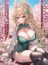 Rule 34 | 1girl, animal ears, black thighhighs, blonde hair, breasts, cherry blossoms, china dress, chinese clothes, cleavage, cleavage cutout, closed mouth, clothing cutout, commission, covered navel, dress, flower, fox ears, fox girl, fox tail, gold trim, gradient hair, green dress, hair flower, hair ornament, highres, large breasts, long hair, long sleeves, looking at viewer, mirukurim, multicolored hair, no panties, original, pelvic curtain, petals, ponytail, sitting, skeb commission, skindentation, smile, solo, suirin (tukikagerou), tail, thighhighs, thighs, very long hair, yellow eyes