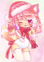 Rule 34 | 1girl, cat, claws, female focus, furry, furry female, hat, highres, one-piece swimsuit, one eye closed, pawpads, pink hair, purple eyes, santa hat, scarf, school swimsuit, short hair, solo, swimsuit, tai tai kun, tongue
