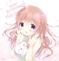 Rule 34 | 1girl, :d, amedamacon, bad id, bad pixiv id, bare arms, bare shoulders, blush, breasts, brown hair, buttons, character name, collared shirt, commentary request, confetti, dated, english text, gochuumon wa usagi desu ka?, gradient background, happy birthday, heart, hoto mocha, long hair, looking at viewer, medium breasts, open mouth, purple eyes, shirt, signature, sleeveless, sleeveless shirt, smile, solo, two-tone background, underbust, white shirt, wing collar