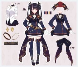 Rule 34 | 1girl, black bow, black hair, black ribbon, black skirt, blue footwear, blue jacket, blue thighhighs, blush, boots, border, bow, breasts, character sheet, closed mouth, color guide, commentary request, frilled skirt, frilled sleeves, frills, gloves, grey border, hair ribbon, hand on own hip, jacket, long hair, long sleeves, looking at viewer, medium breasts, multiple views, original, outline, red eyes, ribbon, shirt, skirt, standing, sutoroa, thigh boots, thighhighs, translation request, two side up, white gloves, white outline, white shirt