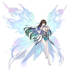 Rule 34 | 1girl, absurdres, alpha transparency, blue eyes, breasts, brown hair, butterfly wings, cleavage, counter:side, elbow gloves, full body, gloves, high heels, highres, insect wings, long hair, looking at viewer, official art, shin jia, solo, tachi-e, transparent background, white footwear, white gloves, wings