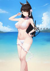 Rule 34 | 1girl, absurdres, animal ears, atago (azur lane), atago (summer march) (azur lane), atago (summer march) (azur lane), azur lane, beach, bikini, black hair, blue sky, breasts, brown eyes, cleavage, dated, day, extra ears, hair ribbon, highres, large breasts, long hair, looking at viewer, mole, mole under eye, navel, ocean, one eye closed, outdoors, ribbon, sand, see-through, signature, sky, smile, solo, swimsuit, underboob, v, white bikini, white ribbon, ye jun