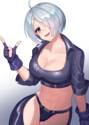 Rule 34 | 1girl, abs, ahoge, angel (kof), backless pants, blue eyes, breasts, chaps, cleavage, collarbone, cowboy shot, crop top, cropped jacket, finger gun, fingerless gloves, gloves, gradient background, hair over one eye, head tilt, highres, large breasts, long sleeves, looking at viewer, midriff, navel, open mouth, pants, scoop neck, short hair, silver hair, sleeves rolled up, smile, solo, the king of fighters, thigh gap, user tgcc2237, wing collar