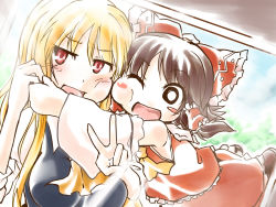 Rule 34 | 2girls, aged down, aged up, amagase lyle, ascot, blonde hair, blush, blush stickers, bow, brown hair, cheek-to-cheek, child, embodiment of scarlet devil, female focus, hair bow, hair tubes, hakurei reimu, heads together, long hair, multiple girls, one eye closed, open mouth, photo (object), red eyes, rumia, touhou, v, wink