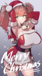 Rule 34 | 1girl, asava (hutaitenn), atlanta (kancolle), bad anatomy, bad arm, bell, breasts, brown hair, christmas, closed mouth, cowboy shot, earrings, elbow gloves, flying sweatdrops, gloves, gradient background, grey eyes, hat, highres, jewelry, kantai collection, large breasts, long hair, merry christmas, neck bell, official alternate costume, red gloves, red hat, santa gloves, santa hat, single earring, solo, sparkle, star (symbol), star earrings, thigh strap, two side up