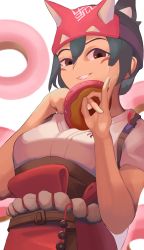 Rule 34 | 1girl, :d, bow, brown eyes, doughnut, facepaint, food, fox mask, green hair, grin, hair bow, hakama, hakama skirt, highres, holding, holding food, japanese clothes, kimono, kiriko (overwatch), looking at viewer, mask, ninja, octo eight, open mouth, overwatch, overwatch 2, sexually suggestive, skirt, smile, solo, teeth, white kimono