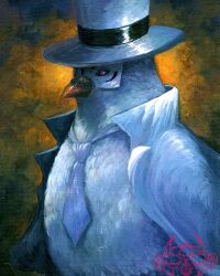 Rule 34 | 1boy, acrylic paint (medium), animal focus, artist logo, bird, formal, hat, hattori (one piece), highres, looking at viewer, mask, necktie, no humans, one piece, open clothes, painting (medium), pigeon, pink eyes, suit, top hat, traditional media, wafalo, white headwear, white necktie, white suit