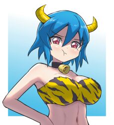 Rule 34 | 1girl, animal costume, animal print, bell, blue hair, blush, breasts, closed mouth, cosplay, cow girl, cow horns, cowbell, highres, horns, jashin-chan dropkick, large breasts, looking at viewer, minos (jashin-chan dropkick), navel, neck bell, pout, print tube top, red eyes, setsubun, shadow (modeler3622), short hair, simple background, solo, strapless, tiger costume, tiger print, tiger stripes, tube top, upper body