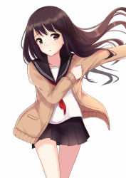 Rule 34 | 1girl, black eyes, black hair, black skirt, brown eyes, brown hair, cardigan, cowboy shot, female focus, floating hair, highres, itachi kanade, long hair, long sleeves, looking to the side, neckerchief, open cardigan, open clothes, open mouth, original, parted lips, pleated skirt, red neckerchief, school uniform, serafuku, simple background, skirt, solo, straight hair, thigh gap, white background
