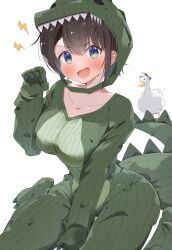 Rule 34 | 1girl, absurdres, aqua eyes, arm between legs, bird, blush, breasts, brown hair, cleavage, collarbone, dinosaur costume, duck, fake tail, fang, from above, hand up, highres, hololive, kuno (kc9s), large breasts, looking at viewer, oozora subaru, open mouth, short hair, simple background, sitting, skin fang, smile, subaru duck, tail, virtual youtuber, wariza, white background, wide hips
