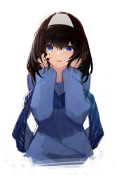 Rule 34 | 1girl, blue eyes, blue scarf, blue sweater, blush, brown hair, commentary request, hairband, highres, idolmaster, idolmaster cinderella girls, long sleeves, looking at viewer, parted lips, rheez, ribbed sweater, sagisawa fumika, scarf, simple background, smile, solo, sweater, upper body, white background