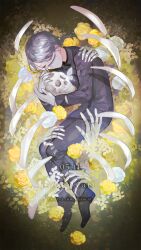 Rule 34 | 1boy, aesop carl, black footwear, bug, butterfly, character name, closed eyes, dated, flower, gloves, grey hair, grey jacket, grey pants, hand on another&#039;s shoulder, hand on another&#039;s thigh, highres, holding, holding skull, identity v, ihirocat, insect, jacket, leaf, light particles, low ponytail, lying, male focus, mask, medium hair, mouth mask, hugging object, on side, pants, parted bangs, ribs, rose, shoes, short ponytail, skeletal hand, skull, solo, twitter username, white flower, white gloves, white rose, yellow flower, yellow rose