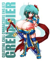 Rule 34 | 1girl, aqua hair, armor, boots, breasts, cleavage, gigantic breasts, green hair, high heel boots, high heels, highres, kyosuke fujiwara, red eyes, scarf, short hair, simple background, solo, sword, tattoo, thigh boots, thighhighs, weapon