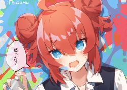Rule 34 | 1girl, ahoge, artist name, blue archive, blue eyes, blue necktie, blush, close-up, collarbone, collared shirt, double bun, graffiti, hair bun, highres, holding, looking at viewer, lower teeth only, maki (blue archive), multicolored background, necktie, open mouth, paint splatter, paint splatter on face, red hair, shirt, short hair, sidelocks, solo, speech bubble, spray can, spray paint, suzu (alpha diamant), sweat, sweater vest, teeth, upper body, white shirt, worried