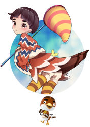 Rule 34 | 1boy, anchovy (animal crossing), animal crossing, back, bird, blush, bob cut, brown eyes, brown hair, bug, butterfly, character name, english text, feathered wings, feathers, humanization, bug, male focus, mou niu, nintendo, personification, solo, thighhighs, white background, wings