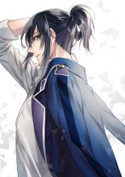 Rule 34 | 1boy, bad id, bad pixiv id, black hair, blue jacket, collared shirt, from side, hair between eyes, jacket, k-project, looking at viewer, male focus, noes, open clothes, open jacket, parted lips, ponytail, profile, shirt, sidelocks, simple background, solo, upper body, white background, white shirt, wing collar, yatogami kurou, yellow eyes