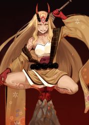 Rule 34 | 1girl, blonde hair, fate/grand order, fate (series), feet, highres, ibaraki douji (fate), japanese clothes, kimono, legs, long hair, looking at viewer, off shoulder, oni, rock, smile, sword, tattoo, weapon, yellow eyes