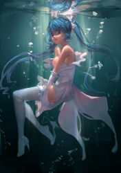 Rule 34 | 1girl, aqua eyes, bad id, bad pixiv id, blue eyes, blue hair, breasts, cleavage, dress, elbow gloves, gloves, hatsune miku, high heels, highres, long hair, matching hair/eyes, shoe dangle, small breasts, solo, sparrow (xici9527), strapless, strapless dress, submerged, thighhighs, twintails, underwater, very long hair, vocaloid, white dress, white gloves