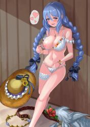 Rule 34 | 1girl, against wall, blue hair, blush, braid, breasts, feet out of frame, female focus, female masturbation, hair ornament, hat, highres, jewelry, large breasts, long hair, looking at viewer, masturbation, mononoke (pixiv53597254), naughty face, navel, necklace, nipples, princess connect!, shizuru (princess connect!), smile, solo, standing, swimsuit, twin braids