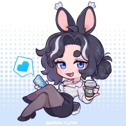Rule 34 | 1girl, animal ears, black footwear, black hair, black skirt, blue eyes, blue nails, breasts, brown pantyhose, chibi, cleavage, coffee cup, collared shirt, cup, disposable cup, heart, high heels, holding, holding cup, large breasts, looking at viewer, multicolored hair, office lady, open mouth, original, pantyhose, pencil skirt, rabbit ears, rabbit girl, rabbit tail, sharktuna, shirt, short hair, skirt, smile, solo, speech bubble, spoken heart, tail, thick eyebrows, white hair, white shirt