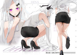 Rule 34 | 1girl, :d, ass, bare arms, bare legs, bare shoulders, black footwear, black skirt, blue archive, bow, breasts, dema hmw, demon horns, hair bow, high heels, hina (blue archive), horns, long hair, looking at viewer, mask, mask pull, miniskirt, mouth mask, multiple views, open mouth, parted bangs, pencil skirt, purple eyes, revision, ribbed shirt, shirt, skirt, sleeveless, sleeveless shirt, small breasts, smile, squatting, thighs, very long hair, white hair, white shirt