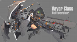 Rule 34 | 1girl, absurdres, armored boots, black thighhighs, boots, character name, commentary, english commentary, english text, full body, gauntlets, grey background, headgear, high heels, highres, holding, holding weapon, homeworld, homeworld 2, horns, huge weapon, long hair, mecha musume, mechanical ears, mechanical parts, orange eyes, personification, solo, spacecraft, syaha, thighhighs, vagyr, very long hair, weapon, white hair, xandier59