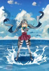 Rule 34 | &gt;:), 10s, 1girl, absurdres, ahoge, ashiya hiro, boots, cross-laced footwear, crossed arms, dress, grey eyes, grey hair, grey pantyhose, gunbuster pose, hair between eyes, highres, kantai collection, kiyoshimo (kancolle), lace-up boots, long hair, long sleeves, low twintails, machinery, ocean, pantyhose, purple dress, shirt, sleeveless, sleeveless dress, solo, standing, standing on liquid, twintails, v-shaped eyebrows, very long hair, white shirt