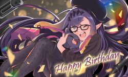 Rule 34 | 1girl, alternate costume, blurry, blurry background, blush, casual, closed mouth, commentary, confetti, english commentary, fang, glasses, hair ornament, happy birthday, hat, highres, hololive, hololive english, hug, long hair, ninomae ina&#039;nis, ninomae ina&#039;nis (casual), open mouth, pantyhose, pointy ears, purple hair, sakuragi yuuki, solo, takodachi (ninomae ina&#039;nis), teeth, tentacle hair, upper teeth only, virtual youtuber