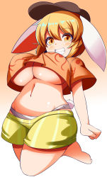 Rule 34 | 1girl, :d, animal ears, blonde hair, bouncing breasts, breasts, floppy ears, gero zoukin, grin, highres, large breasts, looking at viewer, navel, open mouth, orange shirt, rabbit ears, ringo (touhou), shirt, shorts, smile, solo, touhou, underboob