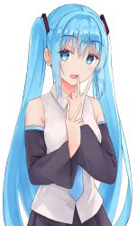 Rule 34 | 1girl, :d, akaya (pixiv20545353), bare shoulders, black skirt, black sleeves, blue eyes, blue hair, blue necktie, blush, breasts, collared shirt, commentary, detached sleeves, double v, hair between eyes, hair ornament, hands up, hatsune miku, highres, long hair, long sleeves, looking at viewer, necktie, open mouth, pleated skirt, shirt, sidelocks, simple background, skirt, sleeveless, sleeveless shirt, small breasts, smile, solo, twintails, v, very long hair, vocaloid, white background, white shirt, wide sleeves