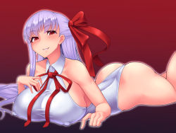 Rule 34 | 1girl, ass, bare arms, bare legs, bare shoulders, bb (fate), bb (fate) (all), bb (swimsuit mooncancer) (fate), black background, blush, breasts, dashigarayama, fate/grand order, fate (series), gradient background, hair ribbon, large breasts, leotard, long hair, looking at viewer, lying, on stomach, purple hair, red background, red eyes, ribbon, smile, solo, white leotard
