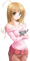 Rule 34 | 1girl, :3, ahoge, animal, bare shoulders, belt, blonde hair, bow, cat, cowboy shot, female focus, hair ornament, hairclip, holding, long hair, long sleeves, looking at viewer, pants, ribbon, simple background, solo, standing, straight hair, tenmaso, white background, yellow eyes