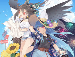 Rule 34 | 2girls, ;), alternate costume, alternate headwear, arm up, bad id, bad pixiv id, bag, bare legs, bare shoulders, bird, black choker, black hair, black shirt, black wings, blue hair, blue shorts, blue sky, blush, bow, cape, casual, choker, cloud, collarbone, commentary request, contemporary, corset, cowboy shot, cutoffs, day, denim, denim shorts, earrings, feathered wings, feet out of frame, fireworks, floral print, flower, flower earrings, green bow, hair between eyes, hair bow, head tilt, hinanawi tenshi, holding, holding map, jewelry, leg up, long hair, map, multiple girls, off-shoulder shirt, off shoulder, one eye closed, open mouth, outdoors, red eyes, reiuji utsuho, shirt, short shorts, shorts, sign, signature, sketch, sky, smile, summer, sunflower, thighs, torn clothes, torn shorts, touhou, toutenkou, unmoving pattern, very long hair, white cape, white shirt, wings