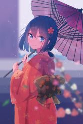 Rule 34 | 1girl, back bow, backlighting, black hair, blue bow, blue eyes, blurry, blurry background, blurry foreground, blush, bow, closed mouth, cowboy shot, floral print, flower, from behind, hair flower, hair ornament, highres, holding, holding umbrella, hyakunin momoko, japanese clothes, kimono, long sleeves, looking at viewer, looking back, obi, oil-paper umbrella, original, print kimono, red kimono, sash, short hair, smile, solo, umbrella, wide sleeves
