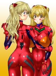 Rule 34 | 2girls, arm grab, ass, back, backboob, bad id, bad pixiv id, blonde hair, blue eyes, blush, bodysuit, bracer, breasts, closed mouth, cosplay, cowboy shot, eyebrows, from behind, glasses, gloves, gradient background, hair between eyes, hand on own thigh, hand up, headgear, highres, holding hands, huge breasts, impossible bodysuit, impossible clothes, interlocked fingers, kamia (not found), legs apart, legs together, light smile, long hair, looking at viewer, looking back, matsuoka kiyone, multiple girls, narrow waist, neon genesis evangelion, orange background, orange eyes, original, outline, outstretched arm, parted lips, pilot suit, pince-nez, plugsuit, plugsuit (cosplay), profile, rimless eyewear, shiny clothes, skin tight, smile, souryuu asuka langley, souryuu asuka langley (cosplay), standing, sugino miyo, turtleneck, two side up, wavy hair