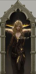 Rule 34 | 1girl, armlet, artist name, bare shoulders, black dress, blonde hair, breasts, cleavage, closed eyes, commentary, cracked skin, dress, elden ring, english commentary, gold armlet, gold belt, gold circlet, gold crown, gold diadem, gravitydusty, highres, large breasts, long hair, queen, queen marika the eternal, solo, t-pose