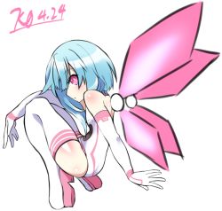 Rule 34 | 1girl, arm on knee, ass, bare shoulders, blue hair, blush, boots, elbow gloves, from behind, full body, gloves, high heels, knees up, kurozero, leaning back, legs, leotard, looking at viewer, looking back, medium hair, neptune (series), pink eyes, power symbol, power symbol-shaped pupils, sidelocks, solo, squatting, symbol-shaped pupils, thigh boots, thighhighs, thighs, tiptoes, white gloves, white leotard, white sister rom, white thighhighs, wings