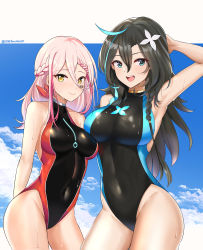 Rule 34 | 2girls, :d, absurdres, arm up, armpits, arms behind back, barcode, barcode tattoo, bare shoulders, black hair, black one-piece swimsuit, blue hair, blue one-piece swimsuit, blue sky, blush, braid, breasts, closed mouth, cloud, commentary, competition swimsuit, covered navel, cowboy shot, day, epic seven, facial mark, flan (epic seven), hair between eyes, hand in own hair, highres, landy (epic seven), large breasts, long hair, looking at viewer, medium breasts, multicolored hair, multiple girls, neon trim, one-piece swimsuit, open mouth, outdoors, pink hair, red one-piece swimsuit, round teeth, side braid, sky, smile, streaked hair, sweat, swimsuit, tattoo, teeth, twitter username, two-tone swimsuit, two side up, twomoon, upper teeth only, yellow eyes
