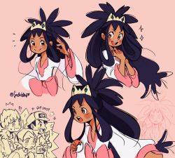 Rule 34 | !?, 1girl, 3boys, :d, ash ketchum, black hair, blush stickers, bow, brown eyes, character name, closed mouth, commentary, creatures (company), dark-skinned female, dark skin, eyelashes, game freak, gen 4 pokemon, goh (pokemon), hair rings, hand up, hands up, highres, holding, holding poke ball, hop (pokemon), iris (pokemon), long hair, multiple boys, nintendo, notice lines, open mouth, partially colored, pink background, pink bow, poke ball, poke ball (basic), pokemon, pokemon (anime), pokemon journeys, rotom, rotom phone, shirt, smile, soulubles, sparkle, teeth, tiara, tongue, twitter username, upper teeth only, white shirt