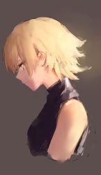 Rule 34 | 1girl, absurdres, bare shoulders, blonde hair, closed mouth, copyright request, cropped torso, from side, grey background, highres, hoojiro, looking down, orange eyes, profile, short hair, signature, simple background, sketch, solo, upper body