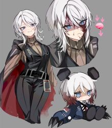 Rule 34 | 1girl, black pants, black vest, blue eyes, breasts, brown shirt, faust (project moon), grey background, highres, large breasts, limbus company, looking at viewer, medium hair, mu46016419, pants, project moon, shirt, simple background, vest, white hair