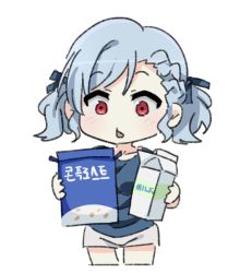 Rule 34 | 1girl, bad id, bad pixiv id, blush, cereal box, chibi, commentary request, girls&#039; frontline, holding, milk carton, red eyes, shirt, short hair, sidarim, silver hair, simple background, solo, spas-12 (girls&#039; frontline), twintails, white background