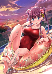 Rule 34 | 1girl, akanbe, barefoot, braid, building, chain-link fence, cloud, commentary request, competition school swimsuit, double bun, eyelid pull, fence, flower, hair bun, hair flower, hair ornament, highres, innertube, looking at viewer, new school swimsuit, one-piece swimsuit, orange sky, original, pool, purple sky, red one-piece swimsuit, school swimsuit, side braids, sky, soles, solo, splashing, star (sky), starry sky, sunset, swim ring, swimsuit, tongue, tongue out, twin braids, wakana hanabi, water