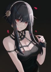 Rule 34 | 1girl, absurdres, bad id, bad twitter id, bare shoulders, black dress, black gloves, black hair, breasts, cleavage, dagger, dress, fingerless gloves, flower, gloves, gold hairband, hair flower, hair ornament, hairband, highres, knife, large breasts, long hair, looking at viewer, oni kanzei, parted lips, red eyes, revision, rose, sidelocks, solo, spy x family, weapon, yor briar