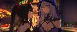 Rule 34 | 2girls, bare shoulders, black swan (honkai: star rail), blunt bangs, brown hair, champagne flute, commentary request, cup, drinking glass, eye contact, eyes visible through hair, fox mask, gradient hair, grey hair, hand on another&#039;s hand, highres, honkai: star rail, honkai (series), looking at another, mask, multicolored hair, multiple girls, orange eyes, parted lips, purple veil, red eyes, rekka, sparkle (honkai: star rail), twintails, yellow eyes