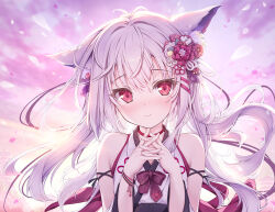 Rule 34 | 1girl, animal ear fluff, animal ears, bare shoulders, closed mouth, cloud, cloudy sky, commentary request, detached sleeves, floating hair, flower, grey hair, hair between eyes, hair flower, hair ornament, hands up, highres, interlocked fingers, japanese clothes, kimono, long hair, long sleeves, original, outdoors, petals, red eyes, red flower, sky, sleeveless, sleeveless kimono, solo, tenmu shinryuusai, upper body, white hair, white kimono, white sleeves, wide sleeves