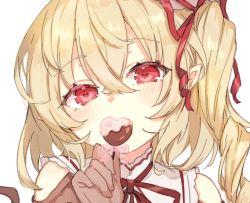 Rule 34 | 1girl, alternate costume, bare shoulders, blonde hair, blush, brown gloves, candy, commentary request, covered mouth, crossed bangs, flandre scarlet, food, frilled shirt collar, frills, gloves, hair between eyes, hair ribbon, hand up, head tilt, heart, heart-shaped pupils, holding, holding candy, holding food, looking at viewer, medium hair, no headwear, one side up, paragasu (parags112), pointy ears, portrait, red eyes, red neckwear, red ribbon, ribbon, simple background, solo, symbol-shaped pupils, touhou, white background