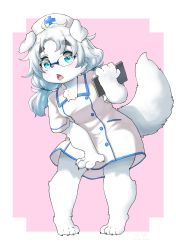 Rule 34 | 1girl, absurdres, animal ears, blush, claws, dated, dog ears, dog girl, dress, female focus, full body, furry, furry female, glasses, hat, highres, koishi chikasa, leaning to the side, low twintails, nurse, nurse cap, open mouth, original, rimless eyewear, signature, solo, standing, thick eyebrows, twintails, whiskers, white fur